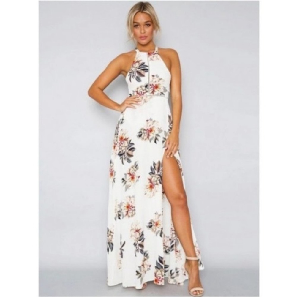 Zaful Floral Tie-Back Halter Maxi Dress - Size L